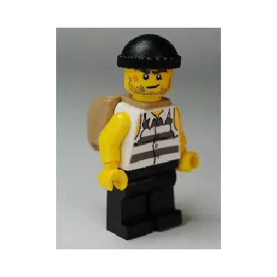 Police - Jail Prisoner Shirt with Prison Stripes and Torn out Sleeves, Black Legs, Black Knit Cap, Open Backpack