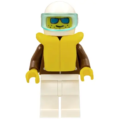 Jacket Brown - White Legs, White Helmet, Trans-Light Blue Visor, Blue Sunglasses, Life Jacket