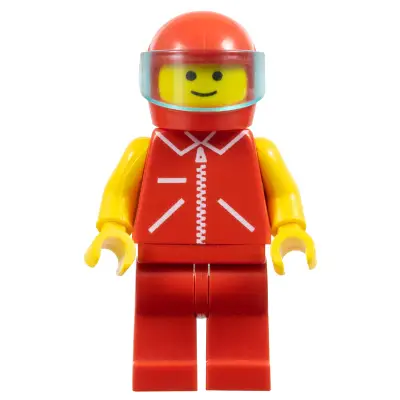 Jacket Red with Zipper - Yellow Arms - Red Legs, Red Helmet, Trans-Light Blue Visor