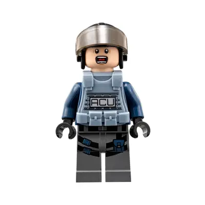 ACU Trooper - Male, Black Aviator Cap with Trans-Brown Visor, Light Nougat Head, Sand Blue Body Armor Vest