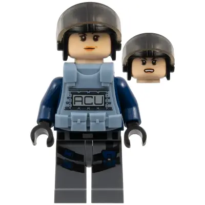 ACU Trooper - Female, Black Aviator Cap with Trans-Brown Visor, Light Nougat Head, Sand Blue Body Armor Vest