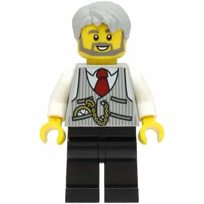 LEGOLAND Park Train Conductor, Pinstripe Vest, Red Tie and Pocket Watch, Thin Pointed Sideburns