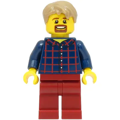 LEGOLAND Park Male, Dark Blue Plaid Button Shirt with Wide Neck and Back Print, Dark Tan Short Tousled Hair, Goatee
