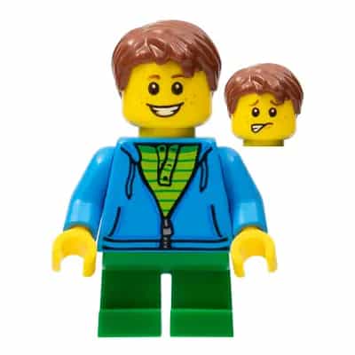 LEGOLAND Park Boy with Reddish Brown Hair, Hoodie with Zipper over Lime and Green Striped Shirt and Green Legs