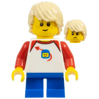 LEGOLAND Park Boy with Tan Hair, Shirt with Red Collar and Shoulders, Spaceship Orbiting Classic Space Helmet Pattern and Short Blue Legs