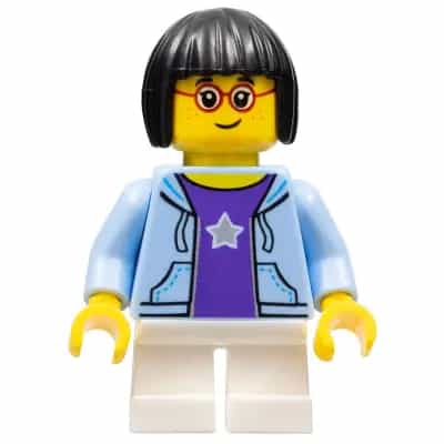 LEGOLAND Park Girl with Black Bob Cut Hair, Bright Light Blue Hooded Sweatshirt Open with Purple Shirt with Silver Star Pattern and White Short Legs