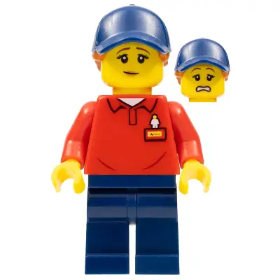 LEGOLAND Park Worker Female with Dark Blue Hat and Dark Orange Ponytail, Red Polo Shirt with 'LEGOLAND' on Back and Dark Blue Legs