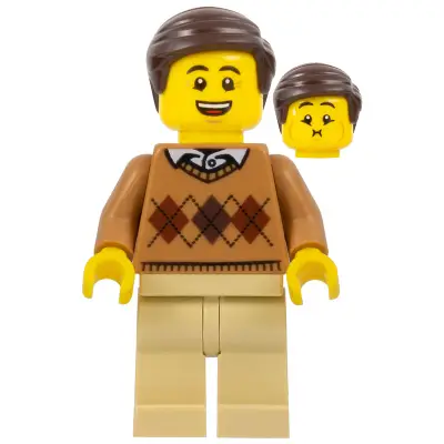 LEGOLAND Park Male with Dark Brown Hair, Medium Nougat Torso Argyle Sweater, Tan Legs