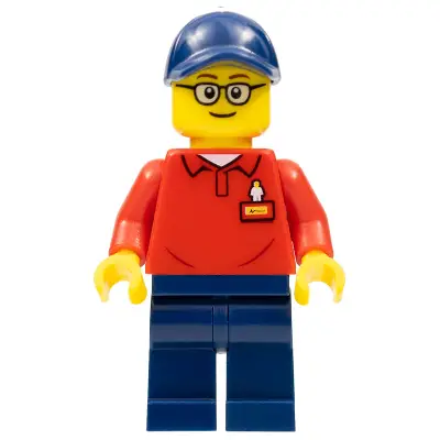 LEGOLAND Park Worker Male with Glasses, Dark Blue Hat, Red Polo Shirt with 'LEGOLAND' on Back and Dark Blue Legs
