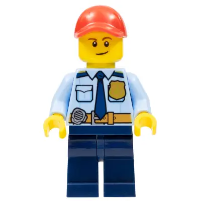 LEGOLAND Park Police Officer with Shirt with Dark Blue Tie and Gold Badge, Dark Tan Belt with Radio, Dark Blue Legs, Red Cap, Lopsided Smile