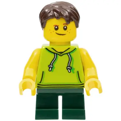 LEGOLAND Park Boy with Dark Brown Hair, Lime Sleeveless Hoodie, Dark Green Short Legs