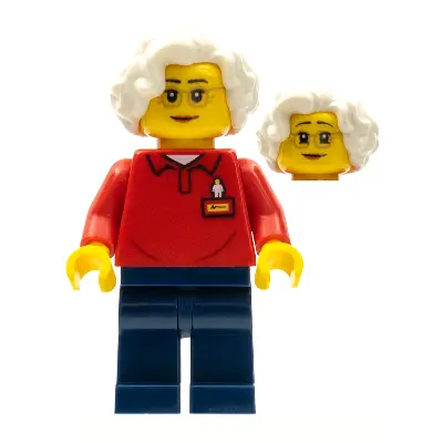 LEGOLAND Park Worker Older Female, Glasses, White Hair, Red Polo Shirt with 'LEGOLAND' on Back and Dark Blue Legs