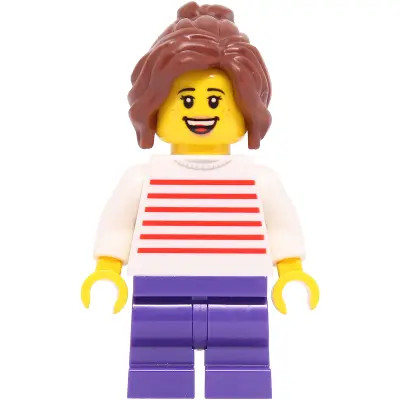 Child - Girl, White Sweater with Red Horizontal Stripes, Dark Purple Medium Legs, Reddish Brown Wavy Hair with Ponytail