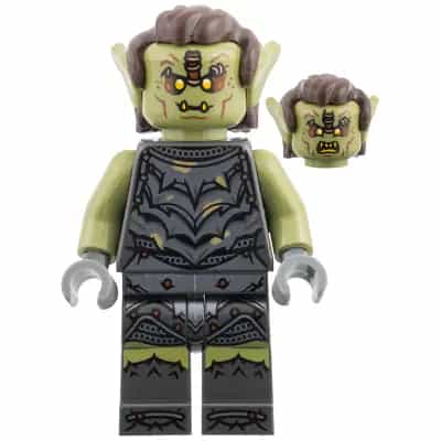 Orc - Olive Green Head, Pearl Dark Gray Armor with Dirt Splotches, Dark Brown Hair, Yellow Eyes