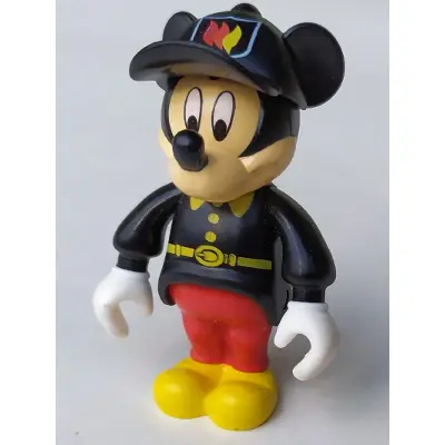 Mickey Mouse Figure with Red Pants, Black Fireman Uniform, Black Cap