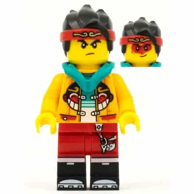 Monkie Kid - Bright Light Orange Open Jacket with Monkey Head Logo, Dark Turquoise Hood, Angry / Smile with Red Face Paint