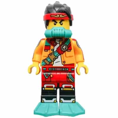 Monkie Kid - Bright Light Orange Open Jacket with Shoulder Strap, Dark Turquoise Scuba Breathing Regulator and Flippers, Frown