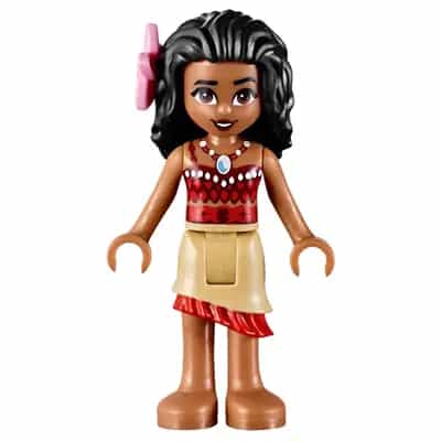 Moana (Medium Nougat) - Mini Doll, Dark Red and Red Top with Strap, Tan Layered Skirt with Red Ruffle, Black Hair, Bright Pink Flower