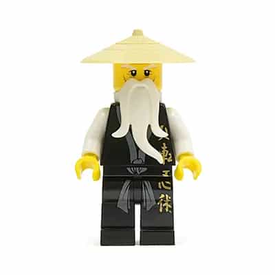 Wu Sensei - Black Kimono with Gold Symbols, Dark Bluish Gray Sash, Tan Asian Hat, White Beard