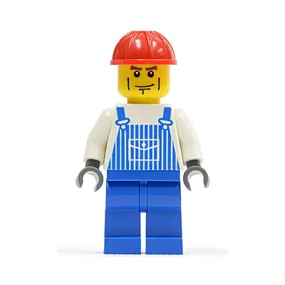 Overalls Striped Blue with Pocket, Blue Legs, Red Construction Helmet, Cheek Lines, Dark Bluish Gray Hands
