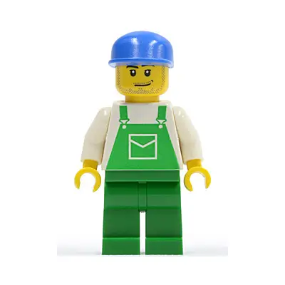 Overalls Green with Pocket, Green Legs, Blue Cap with Long Flat Bill, Smirk and Stubble Beard