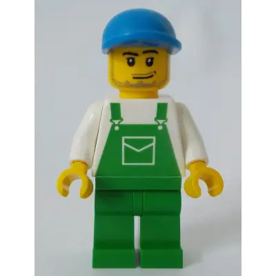 Overalls Green with Pocket, Green Legs, Blue Cap with Short Curved Bill, Smirk and Stubble Beard