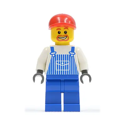 Overalls Striped Blue with Pocket, Blue Legs, Red Short Bill Cap, Beard Around Mouth