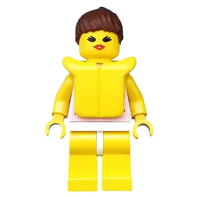 Red Dots on Pink Shirt - Yellow Legs, Brown Ponytail Hair, Life Jacket