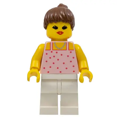 Red Dots on Rose Pink Shirt - White Legs, Brown Ponytail Hair, Open Mouth