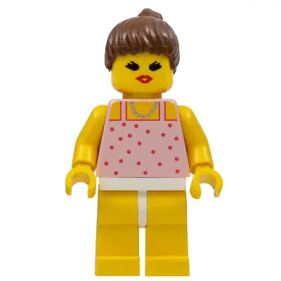 Red Dots on Pink Shirt - Yellow Legs, Brown Ponytail Hair, Open Mouth