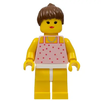 Red Dots on Pink Shirt - Yellow Legs, Brown Ponytail Hair, Closed Mouth
