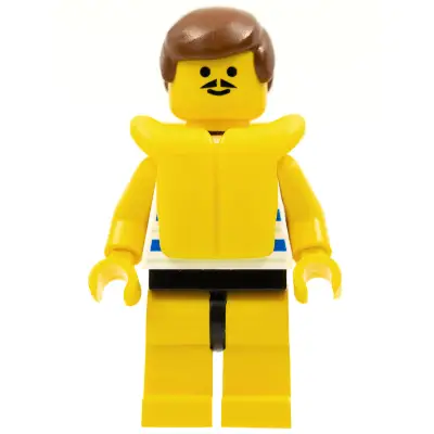Horizontal Blue and Light Green Stripes, Yellow Legs, Brown Male Hair, Life Jacket