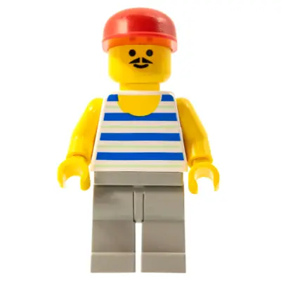 Horizontal Blue and Light Green Stripes, Light Gray Legs, Red Cap