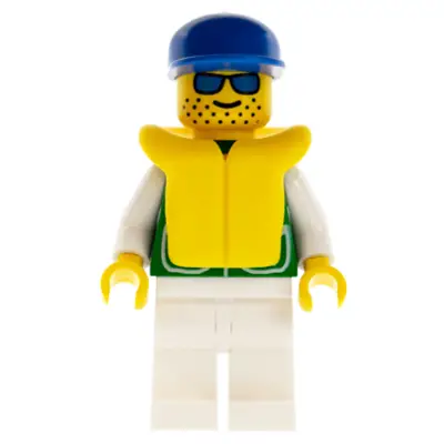 Jacket Green with 2 Large Pockets - White Legs, Blue Cap, Life Jacket