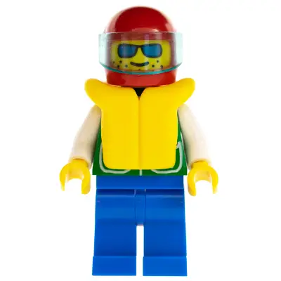 Jacket Green with 2 Large Pockets - Blue Legs, Sunglasses, Red Helmet, Trans-Light Blue Visor, Life Jacket