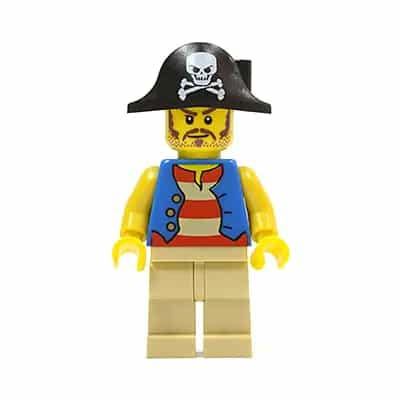 Pirate Blue Vest, Tan Legs, Bicorne Hat with Skull, Long Brown Moustache