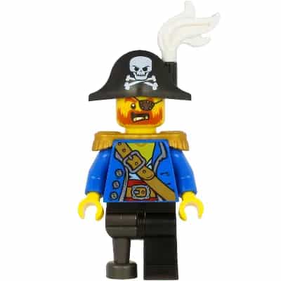 Pirate Captain - Bicorne Hat with Skull and White Plume, Pearl Gold Epaulettes, Blue Open Coat, Black Leg and Pearl Dark Gray Peg Leg
