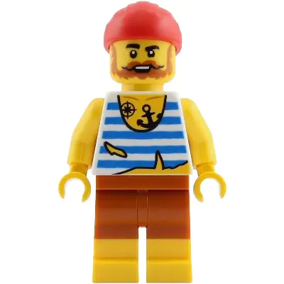 Pirate - Male, White Shirt with Tattered Hem and Blue Stripes, Dark Orange Shorts, Full Beard, Red Bandana