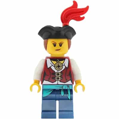 Pirate - Female, Dark Red Vest over White Shirt, Dark Blue Legs with Sash, Red Plume, Black Tricorne, Reddish Brown Hair