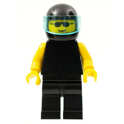 Plain Black Torso with Yellow Arms, Black Legs, Sunglasses, Black Helmet, Trans-Light Blue Visor