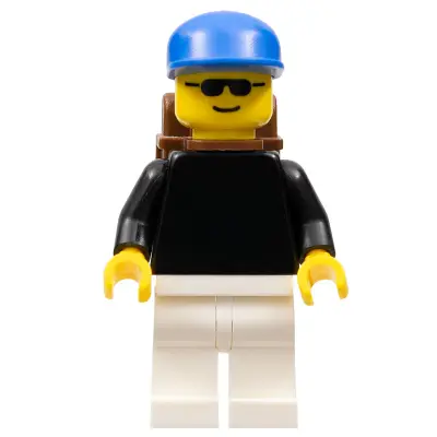 Plain Black Torso with Black Arms, White Legs, Sunglasses, Blue Cap, Backpack