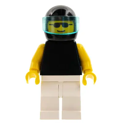 Plain Black Torso with Yellow Arms, White Legs, Sunglasses, Black Helmet, Trans-Light Blue Visor