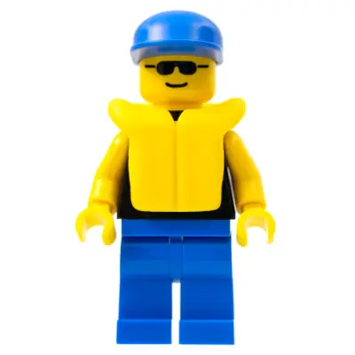 Plain Black Torso with Yellow Arms, Blue Legs, Sunglasses, Blue Cap, Life Jacket