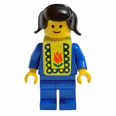 Plain Blue Torso with Blue Arms, Blue Legs, Black Pigtails Hair, Yellow Vest with Baby Bib Pattern (Stickers)
