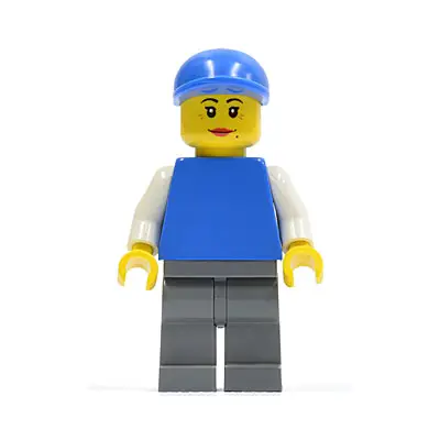 Plain Blue Torso with White Arms, Dark Bluish Gray Legs, Blue Short Bill Cap, Female Dual Sided Head