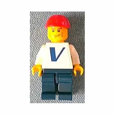 Plain White Torso with Vestas Logo (Sticker) with White Arms, Dark Blue Legs, Red Construction Helmet, Vertical Cheek Lines