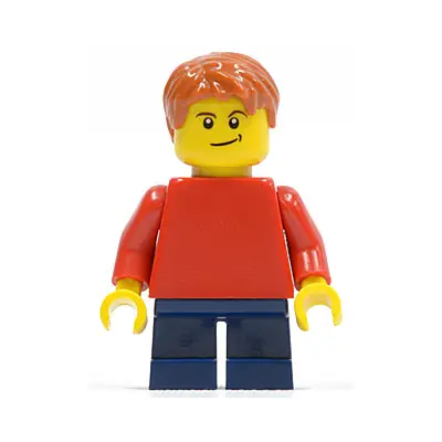 Plain Red Torso with Red Arms, Dark Blue Short Legs, Lopsided Smile (Child)