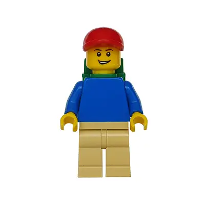 Plain Blue Torso with Blue Arms, Tan Legs, Red Short Bill Cap, Backpack