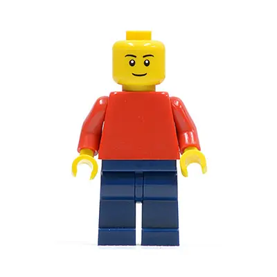 Plain Red Torso with Red Arms, Dark Blue Legs, Black Eyebrows, Thin Grin