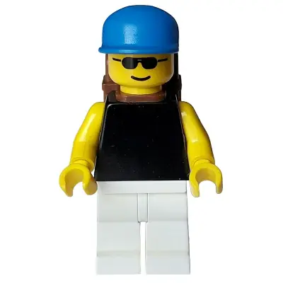 Plain Black Torso with Yellow Arms and Hands, White Legs, Sunglasses, Blue Cap, Brown Backpack